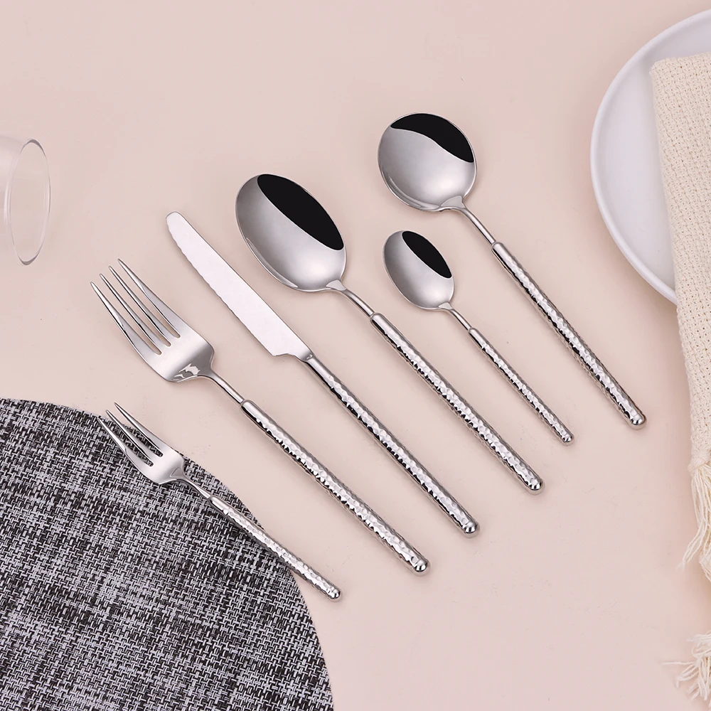 6/24/30 Pieces Sliver Tableware Set Stainless Steel 304 Cutlery Western Knife Fork Spoon Mirror Hammer Pattern Handle Dinner Set