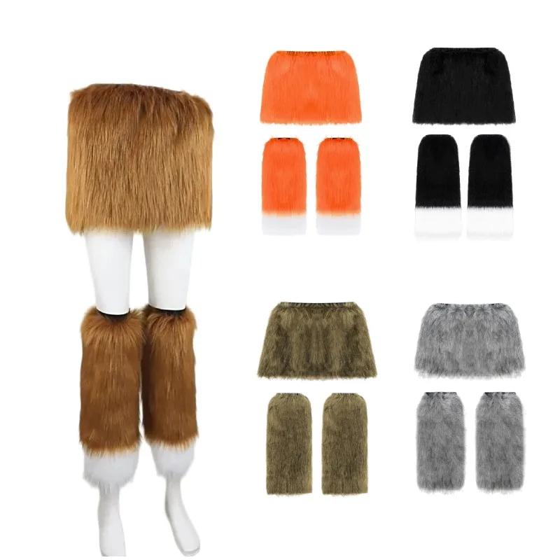 

Faux Fur Leg Warmers Skirt Set Fursuit Cosplay Costume Y2k Vintage Furry Boot Cuffs Covers Halloween Carnival Party Roleplay