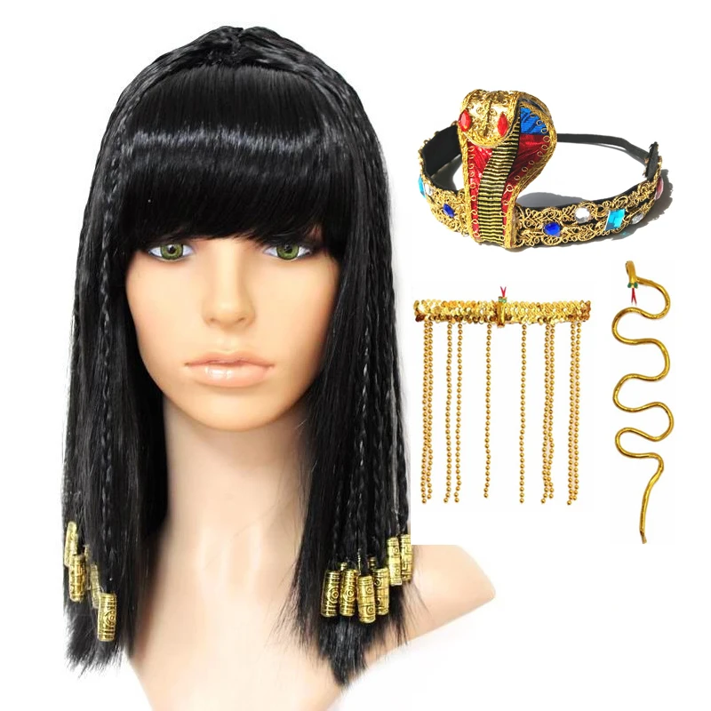 Cleopatra-Peluca de reina egipcia para mujer, pelo negro, cuentas doradas, accesorios de Cleopatra, tocado, baile, fiesta de Halloween, juego de rol, pelucas de Cosplay