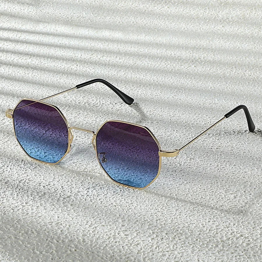 Geometric Octagon Metal Frame Sunglasses Unisex Gradient Gray Lens UV400 Retro Thin Rim Fashion Sun Glasses for Men Women