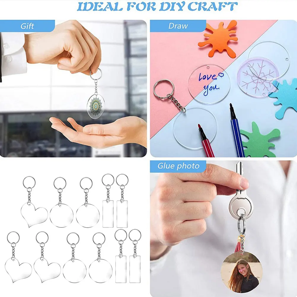 

24pcs Acrylic Keychain Blanks Metal Transparent DIY Sublimation Key Pendant Supplies Craft Jewelry Making Accessories