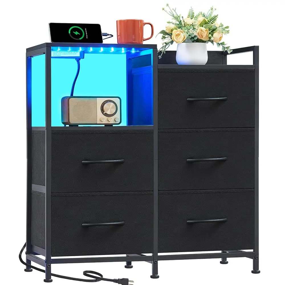 

Bla Nightstand With Charging Station And Led Light, Wide 5 Drawers Dresser For Bedroom With Fabric Bins And Open Shelf For