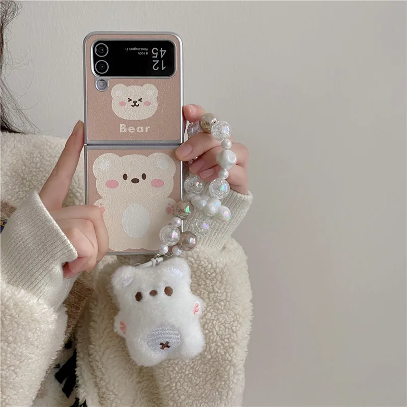 Cartoon Bear Bracelet Phone Cases For Samsung Galaxy Z Flip 3 4 5 6 Z Flip5 ZFlip5 Electroplated Lambskin Shockproof Back Cover