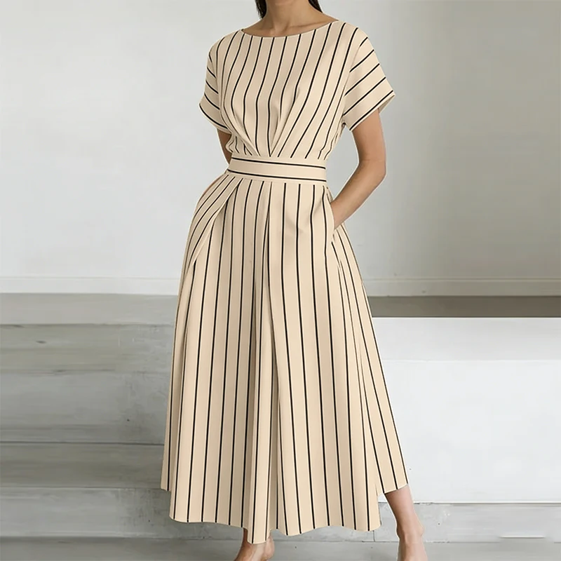 ZANZEA Stilvolles Damen-Kleid mit O-Ausschnitt und kurzen Ärmeln, gestreift, Sommerkleid, OL-Arbeitskleid, elegantes A-Linien-Midikleid mit Taille, Freizeitkleider – Detail 7