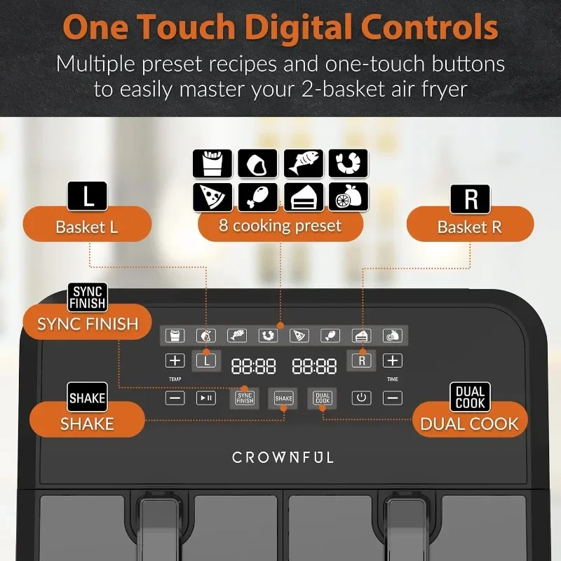 CROWNFUL 8 Quart Air Fryer, 8 in 1 Dual Basket with Independent Temperature Control(50+ Recipes), Dual Cook, Sync Finish
