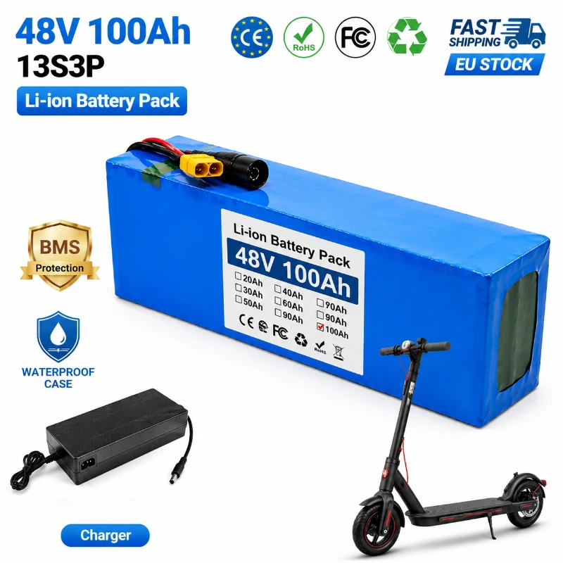 48V 100Ah Li-Ionen-Akku 13S3P 2000W Elektroroller-Akkupack mit Smart BMS 54,6V Ladegerät EU-Lagerbestand 3-7 Tage Lieferzeit