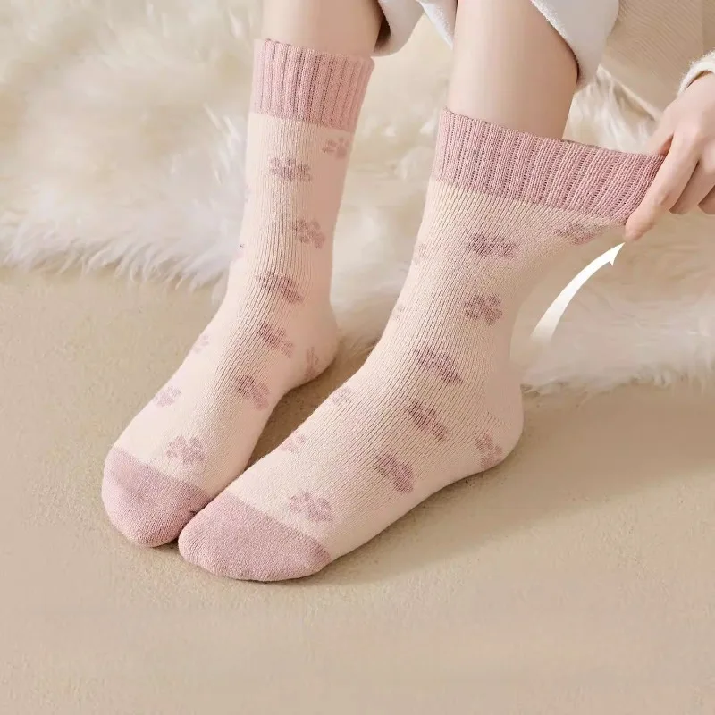 5足組 レディース ミッドカーフ ウール裏地 厚手ソックス 女の子 秋 冬 暖かい カラーブロック カシミヤソックス 女性用 サーマルソックスセット
