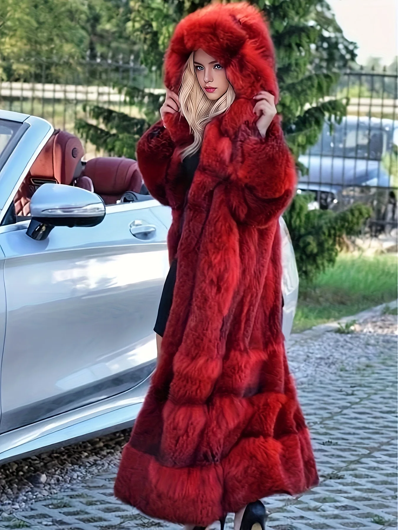 

Элегантное направленное пальто из искусственного меха, модное индивидуальное красное однотонное длинное женское пальто из искусственного газона