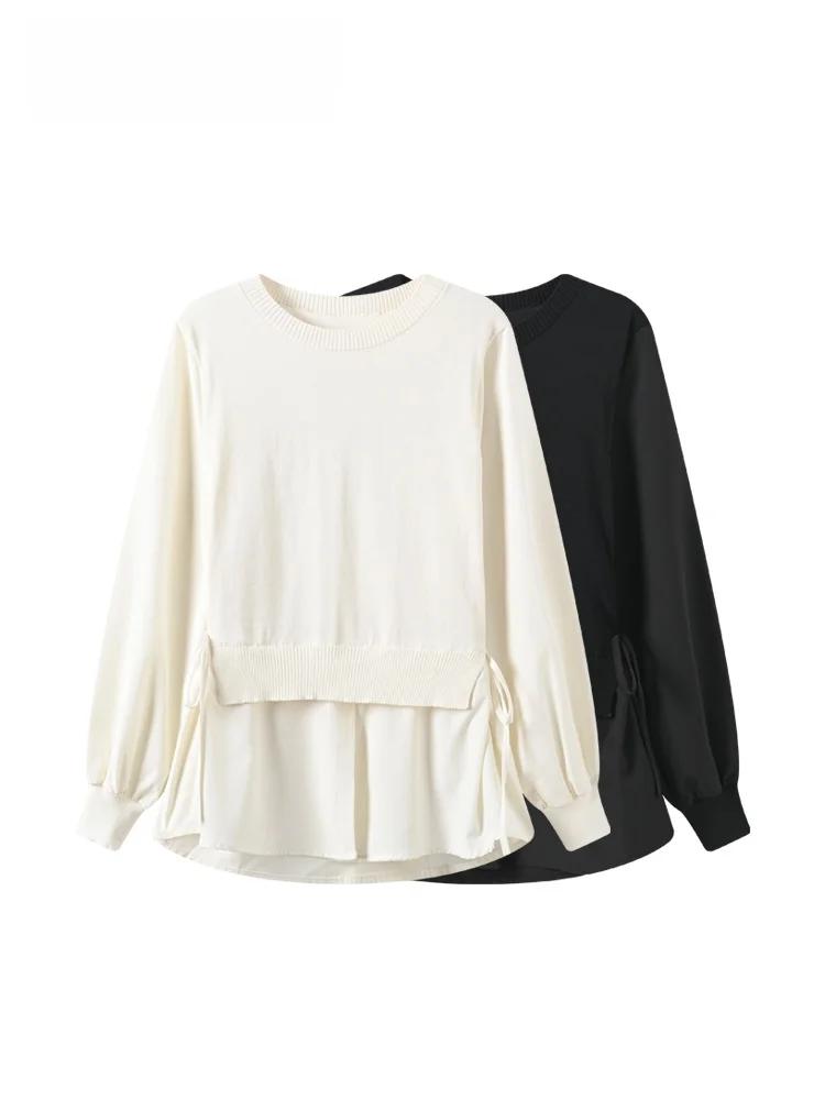 

Korean Sle plus Size Women's round Ne Long Sve Sweatirt Casual Splicing Spring New Arrival Fake Two-Piece Top