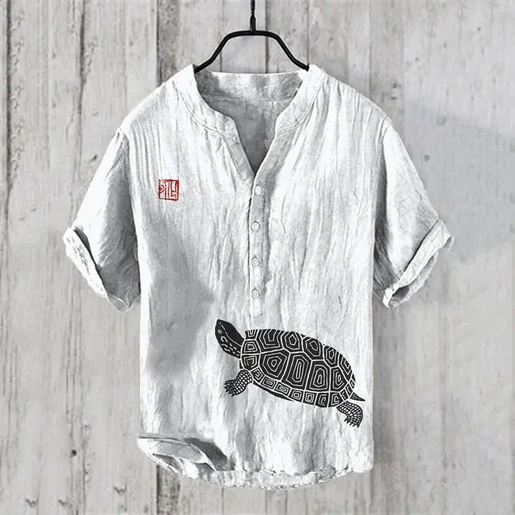 2024 new foreign trade men's casual v-neck three-button shirt hawaiian style short sleeve 3d print men