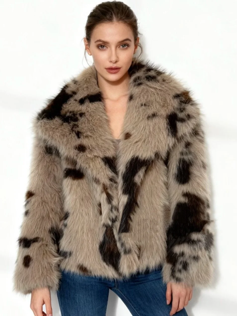 Nuevo abrigo de invierno de piel de vaca cálida con cuello grande para mujer, Top moderno y cálido de fibra de poliéster, cintura alta...