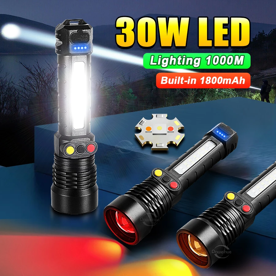 Flashlight White/Red/Yellow Light 3 Colors Multifunctional Rechargeable Led Lamp Zoom 1000 Meters Camping Hunting Portable Torch