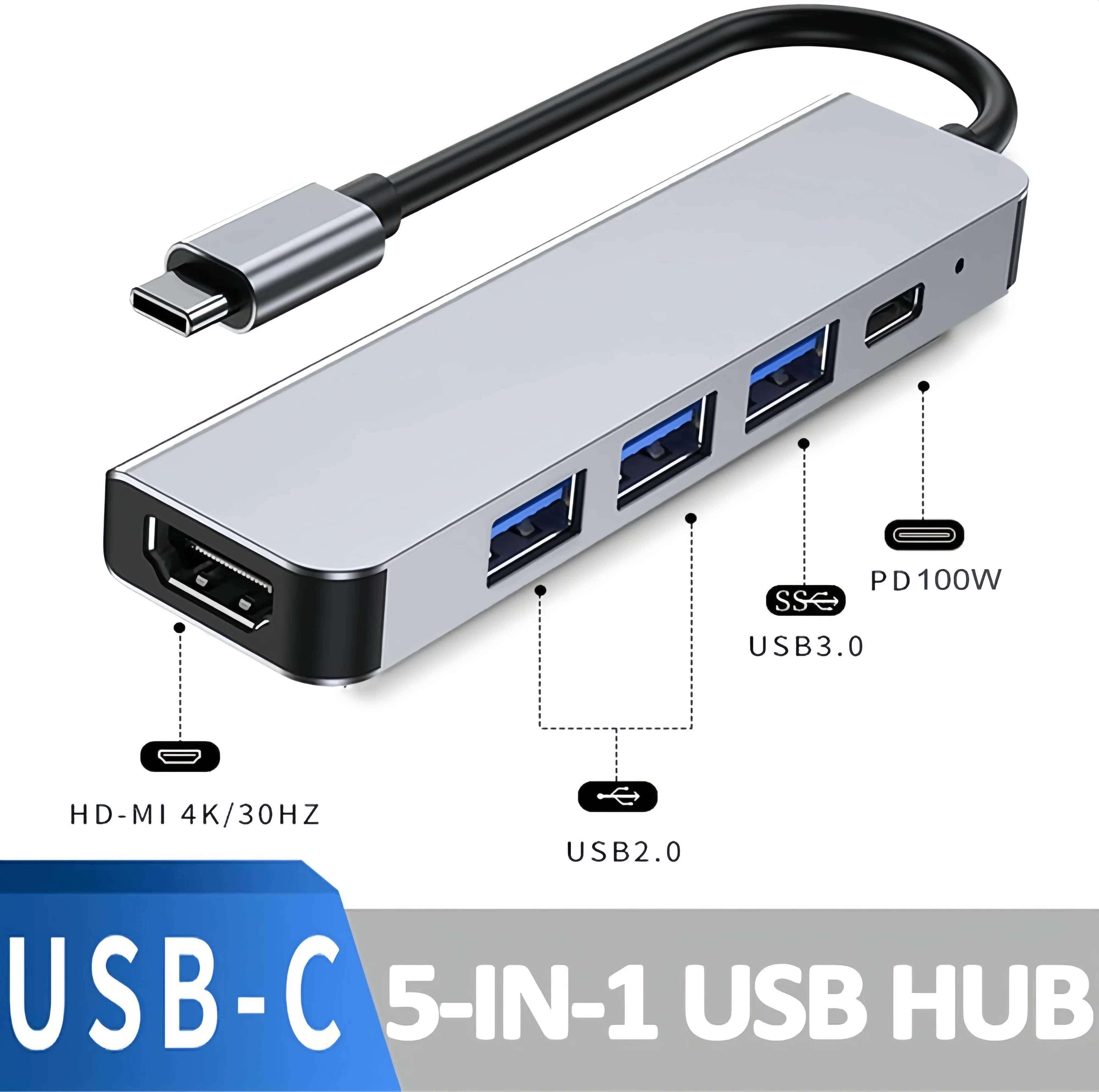 Adaptateur HDMI Hub USB C 5 en 1, 10 pièces, avec HDMI 4K, 3 USB 3.0, USB-C PD, charge rapide pour MacBook Pro/Air, Dell XPS