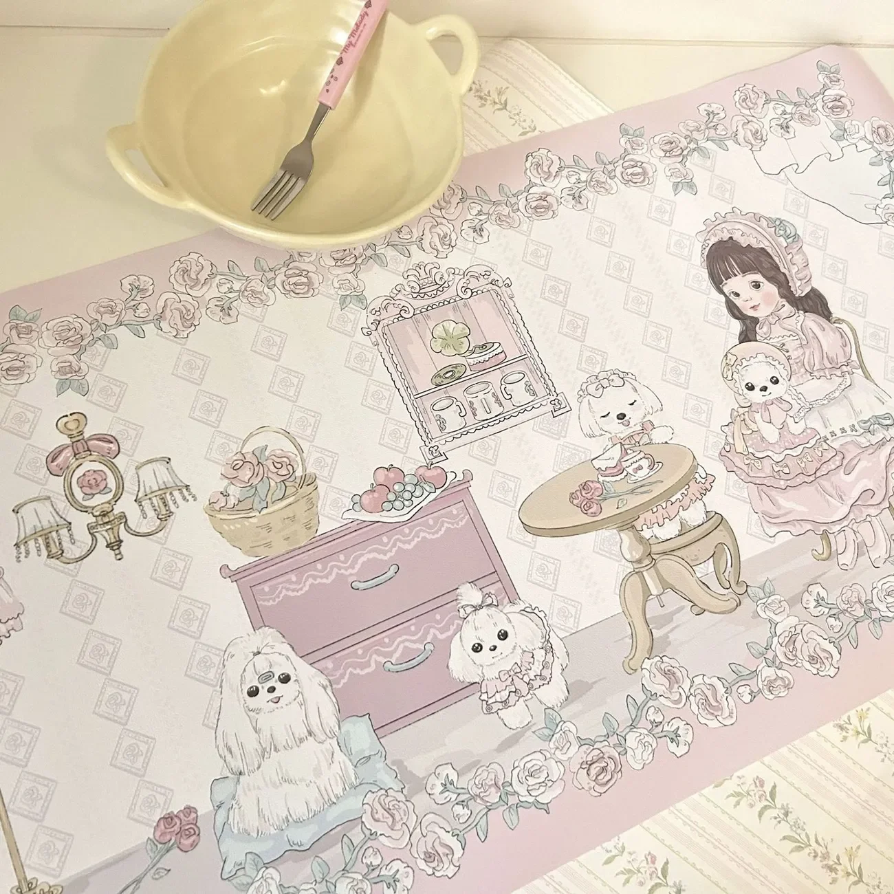 Kawaii meisje hart PU lederen bureaumat |   XXL waterdichte oliebestendige muismat voor kantoor en ijdelheid Leuke cartoon desktop dining decor