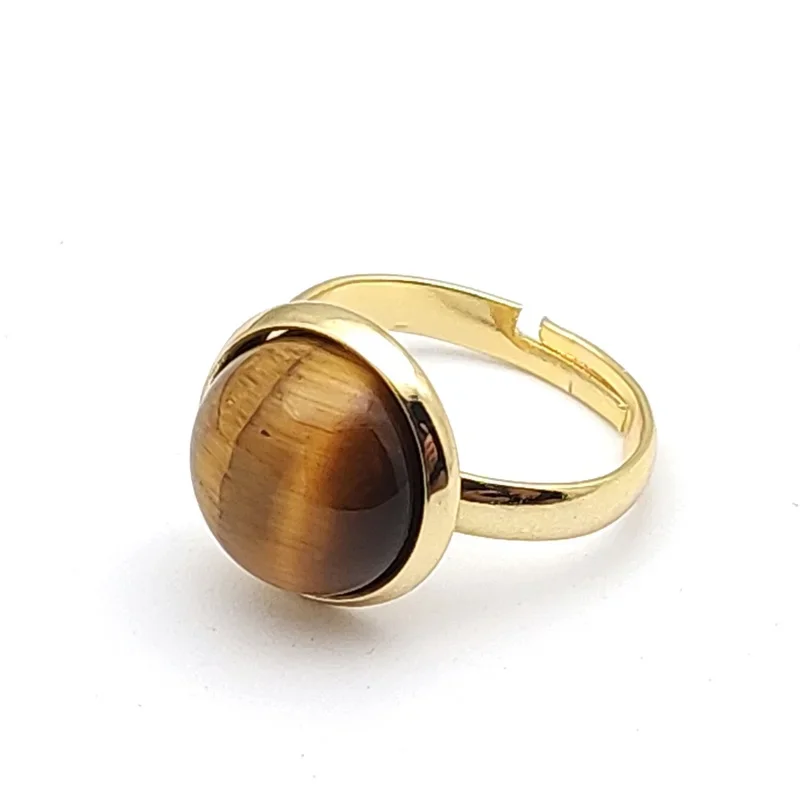 12mm Round Gold Alloy Healing Natural Stone Ring Tiger Eye Opal Pink Crystal Adjustable Joint Ring for Women Jewelry