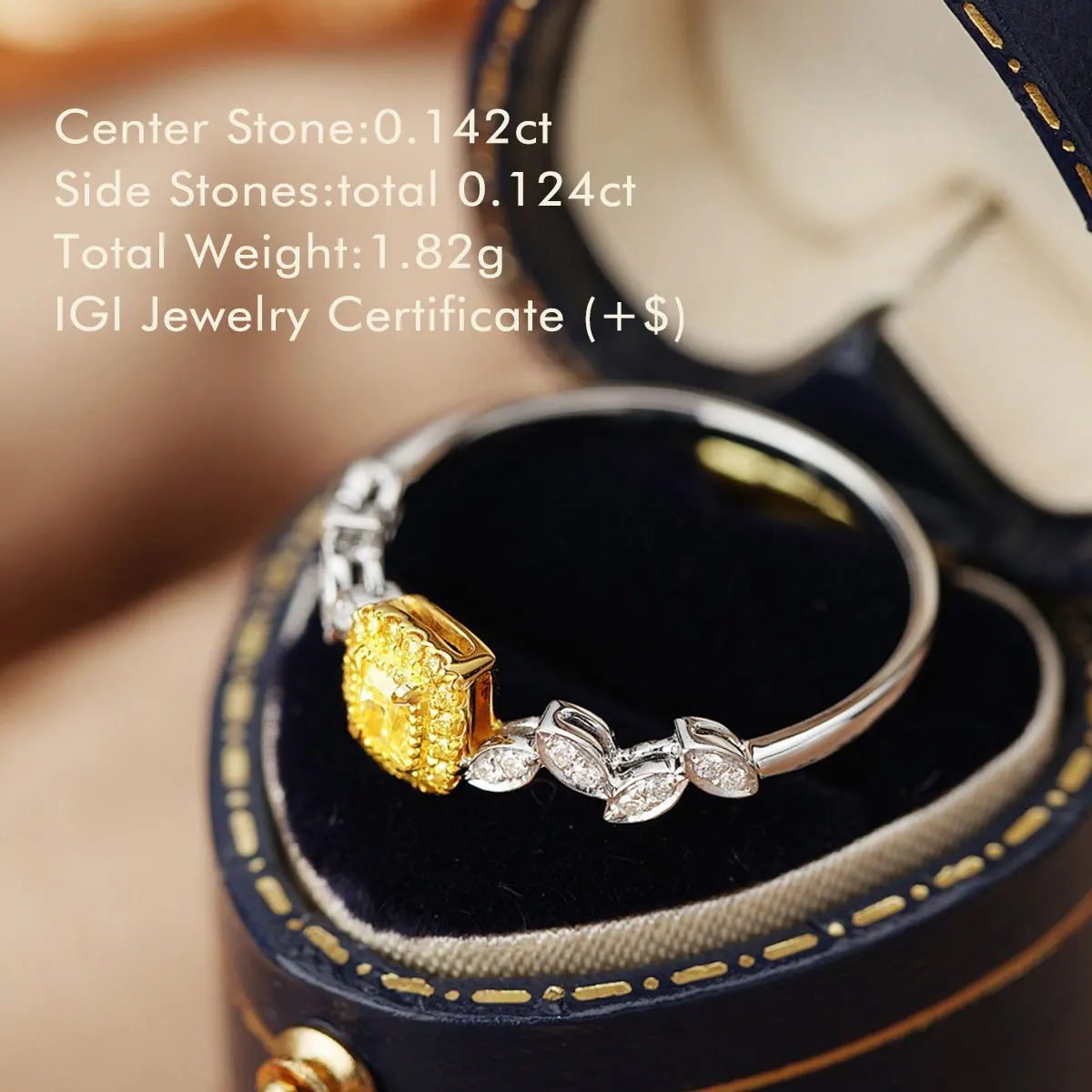 Yellow Diamond Halo Ring In 18K White Gold Fancy Yellow Cushion Natural Diamond Leaf Shank Sidestone Diamond Ring For Girlfriend