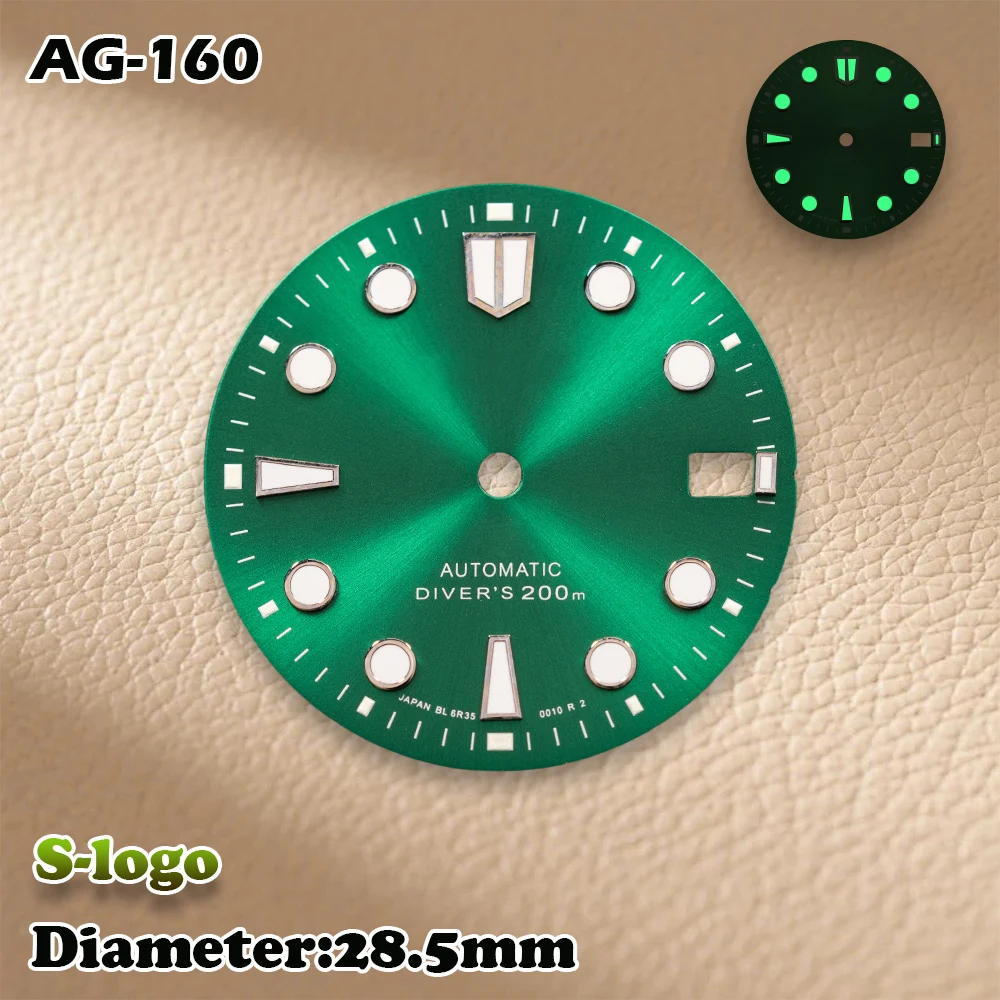 S Logo 28.5mm Sunburst Diver's Dial NH35/NH36/4R Movements C3 Green Luminous Watch Modification Accessories repair Parts