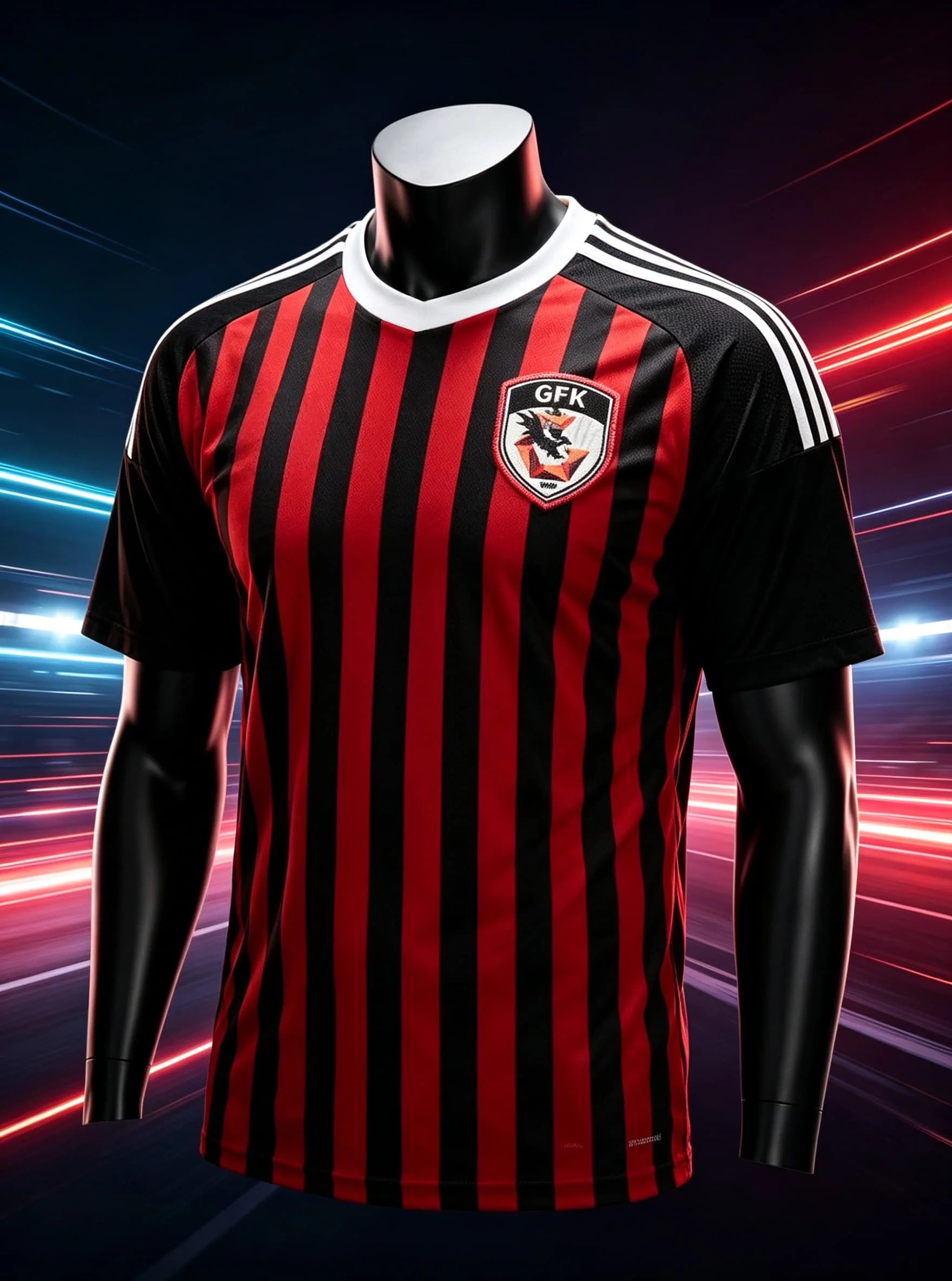 Men GFK Soccer Jersey Red Black Vertical Stripes Short Sleeve Badge Logo Quick Dry Football Fan Match Uniform Family Matching