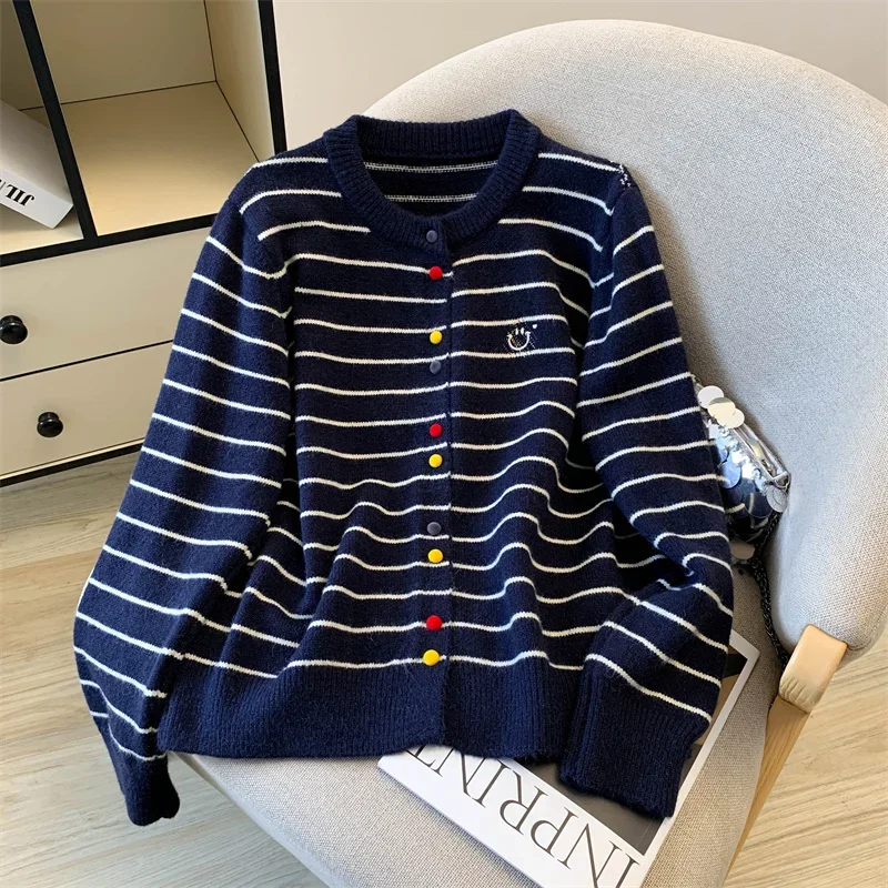 

MEXZT полосатый вязаный кардиган женский лоскутный свитер в стиле Харадзюку верхняя одежда корейский однобортный трикотаж зимние свободные джемперы