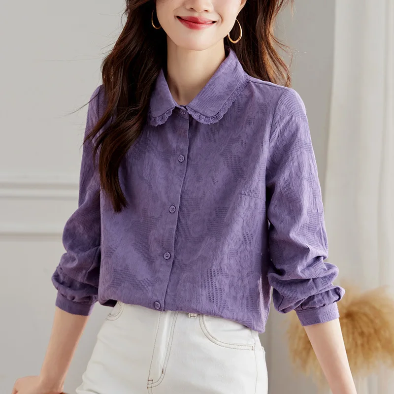 

2220. Весна-Осень. Женская футболка с оборками Dobby Floral, фиолетовый, белый, синий, футболка из 100% хлопка, милые женские топы, рубашки