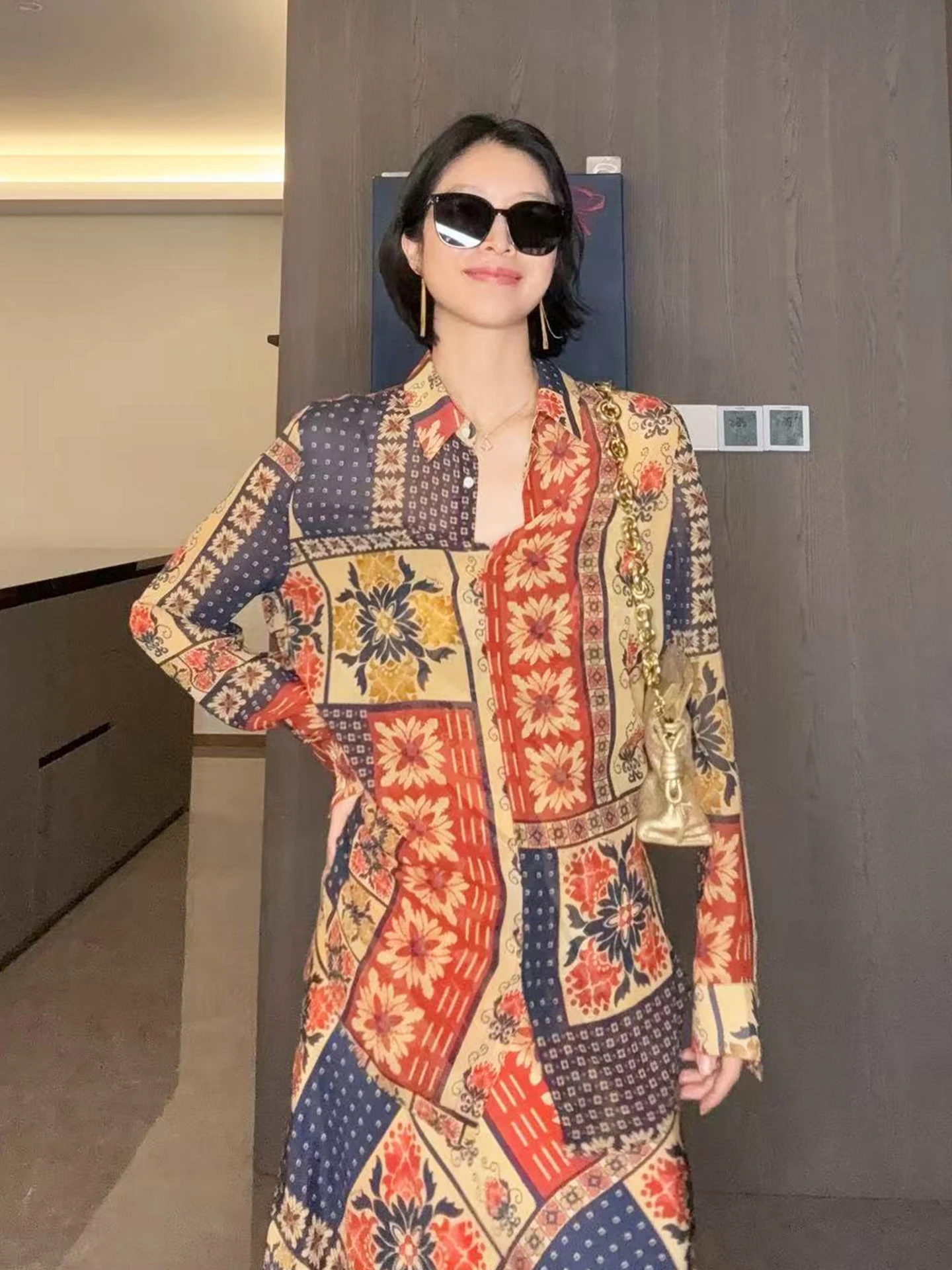 

Daily Romance26 Spring Silk Long Sve irt Women Loose Slimming Printed Geometric Texture French Sle Top