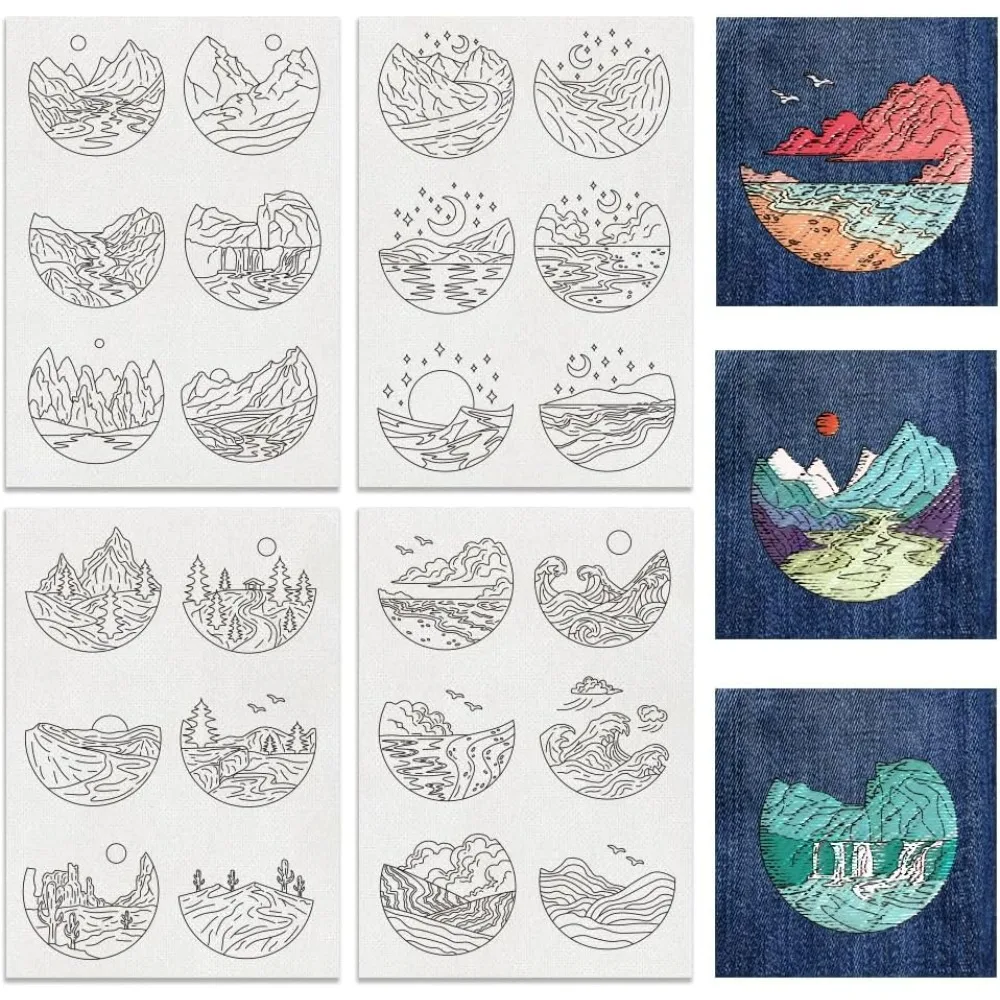 4 Sheets 24pcs Water Soluble Embroidery Patterns Natural Scenery Forests Stitch Embroidery Paper Water Soluble Stabilizers