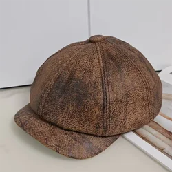 Béret d'artiste en cuir de vache Full Mars pour hommes et femmes, casquette octogonale en détresse, chapeau à visière rétro, haute qualité, automne et hiver