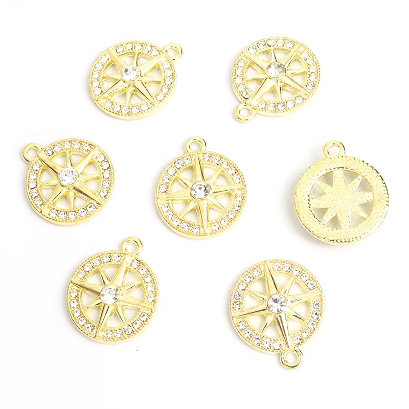 10pcs Exquisite Rhinestones Eight-pointed Star Decor Compass Charms Versatile Sweater Chain Earrings DIY Round Hollow Pendants