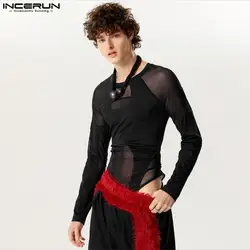 INCERUN-Combinaisons Homewear pour hommes, Maille fine, Épissage, Conception découpée à boucle, Barboteuses, Triangle, Manches longues, Costumes de batterie transportés, S-3XL sexy, 2024