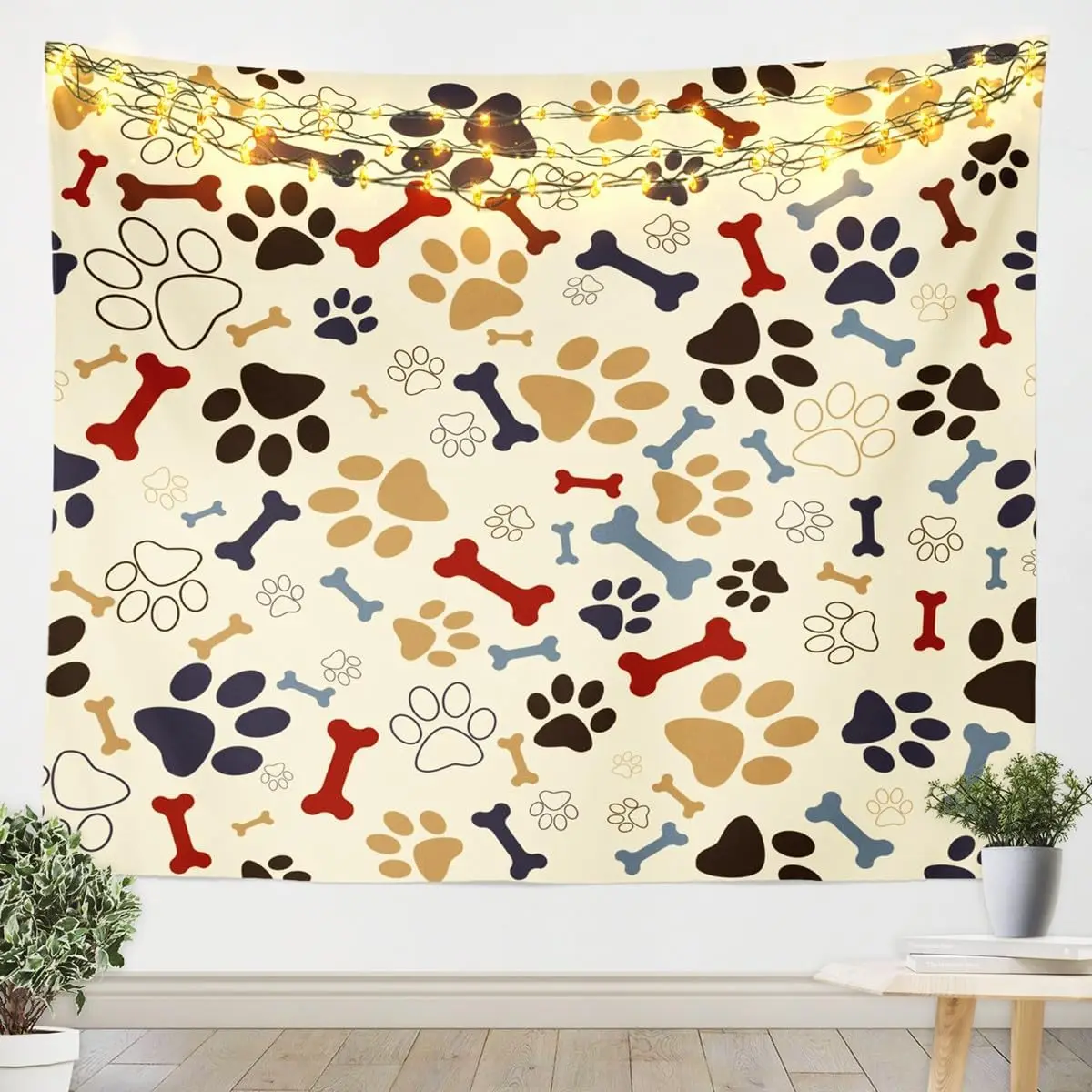 Dog Paw Print and Bone Tapestry, Colorful Pet Footprint Pattern Wall Hanging for Dog Lovers Bedroom Living Room Home Decor