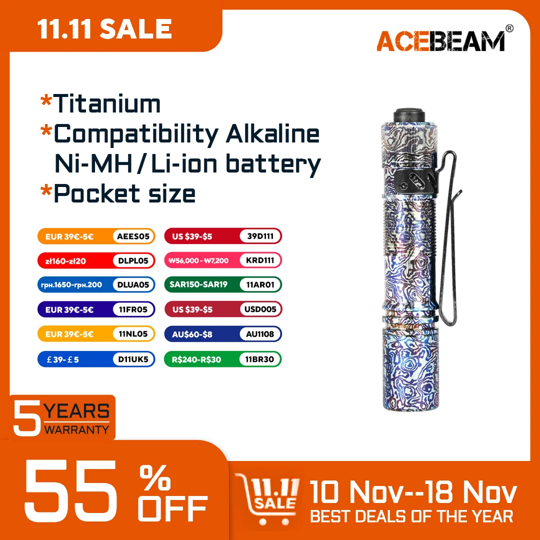 ACEBEAM Pokelit AA Titanium EDC Zaklamp 500 Lumen Hoge CRI90 IP68 Kleine Zak LED Zaklamp voor Dagelijks Dragen