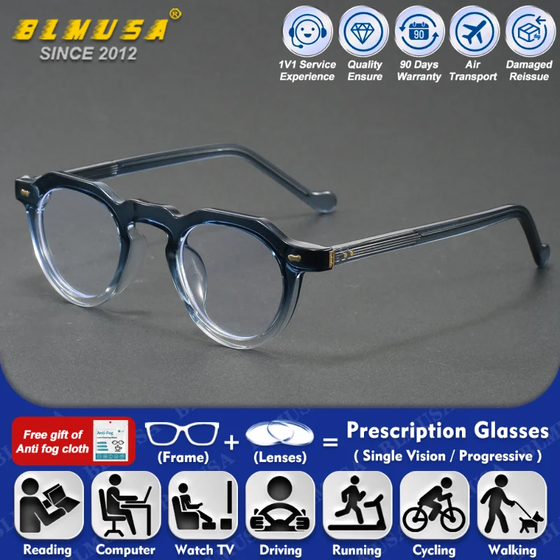 

BLMUSA (M) Vintage Round Myopia Photochromic Computer Glasses For Men High Quality Anti Blue Ray Polarized Prescription Eyeware