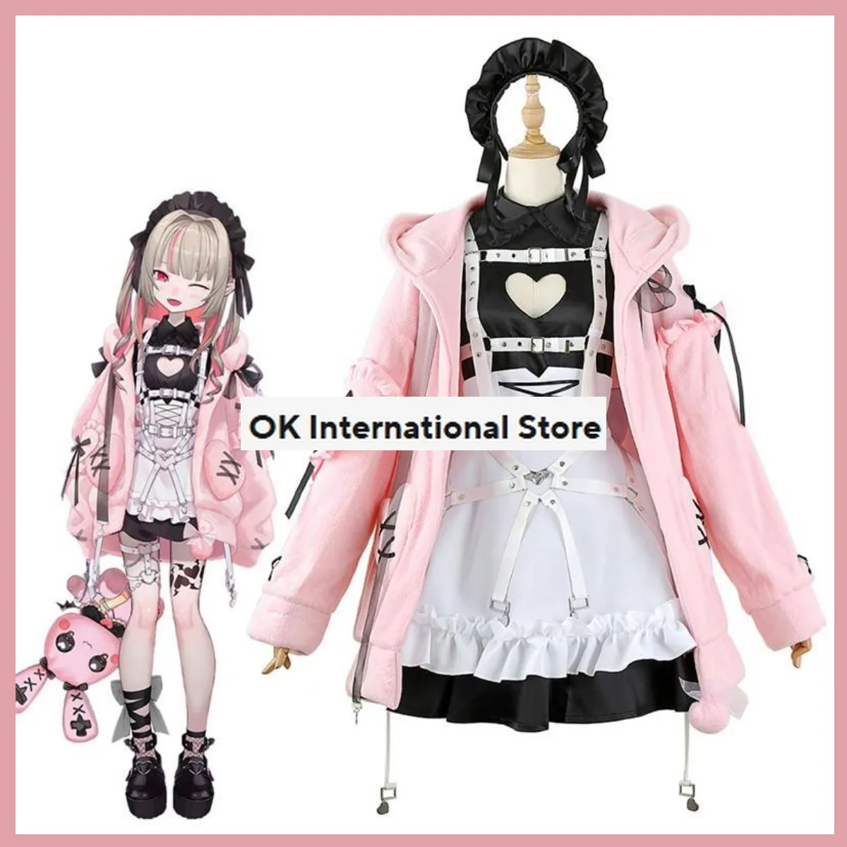 Virtual Youtuber Nijisanji Gamers Makaino Ririmu Cosplay Costume Vtuber Pink Maid Attire Lolita Wig Woman Kawaii Christmas Suit