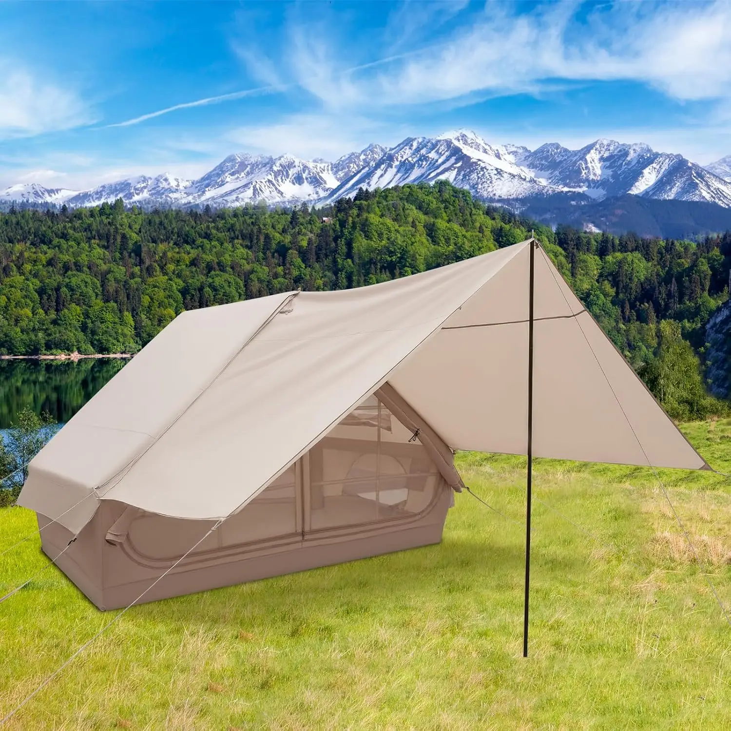 

3-5 Person Double Layer Inflatable Camping Tent (with Pump) Includes Awning Premium Glamping Waterproof Family Tent Quick-Setup