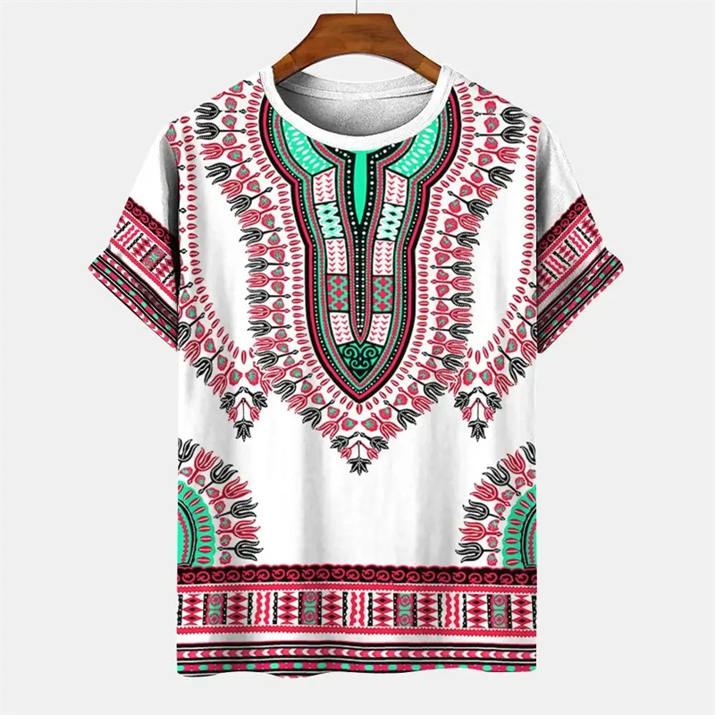 Summer Men\'s Vintage T-shirt African Tradition Stripe Printed Ethnic Style T Shirts Street O-Neck Short Sleeve Holiday Tees Tops