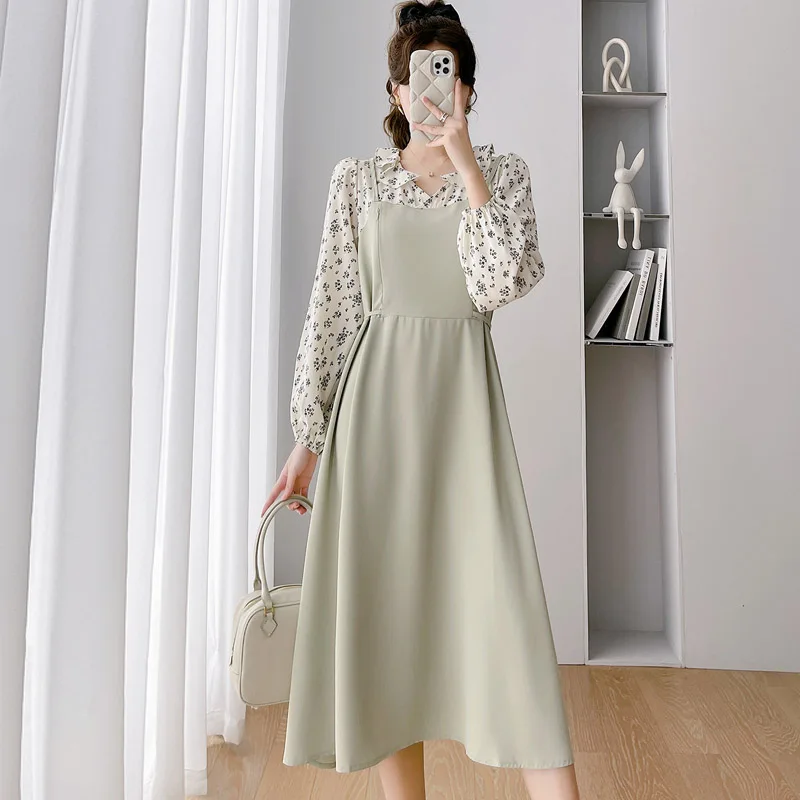 Postpartum Woman Lactation Dress Spring Autumn Floral Long Sleeve Patchwork Maternity Nursing Dress Chiffon Breastfeeding Dress