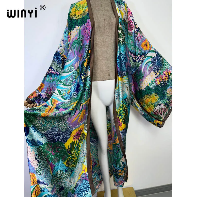 WINYI 2022 Summer Women Cardigan Stitch Cocktail Sexcy Boho Maxi African Holiday Batwing Sleeve Silk feeling Robe kimono kaftan