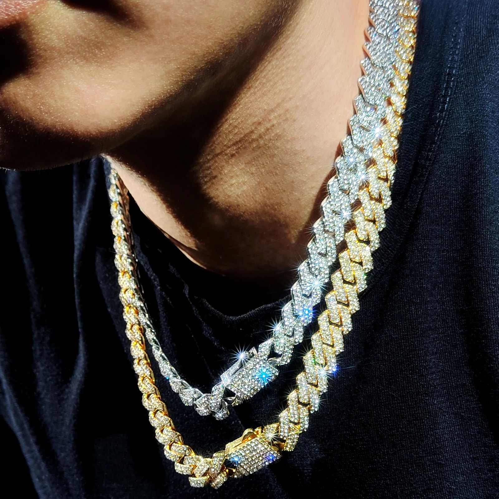 Luxuriöse Cuban-Link-Halskette für Männer und Frauen, Gold- und Silberfarben, mit Strass besetzt, Hip-Hop-Bling-Straßenschmuck, Geschenk – Detail 3