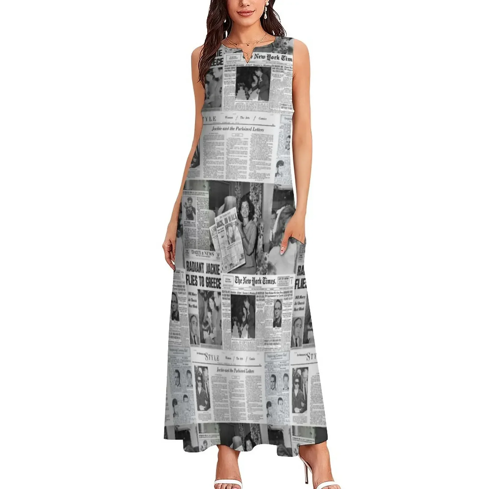 Newspaper Collage Print Dress Women Elegant Maxi Dress Street Style Casual Sleeveless Long Dress Summer V-Neck Pattern Vestidos