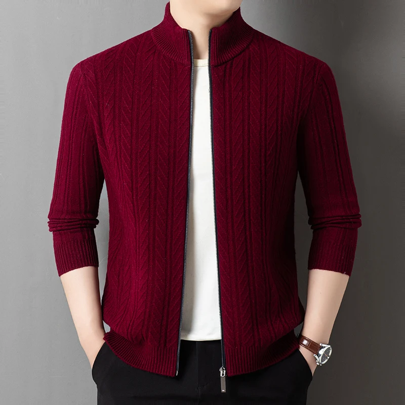 100% แกะขนสัตว์เสื้อสเวตเตอร์ถัก 2025 ผู้ชายฤดูหนาวอินเทรนด์หนาซิปเสื้อแฟชั่นผ้าขนสัตว์ชนิดหนึ่งเสื้อถักอบอุ่นแขนยาว