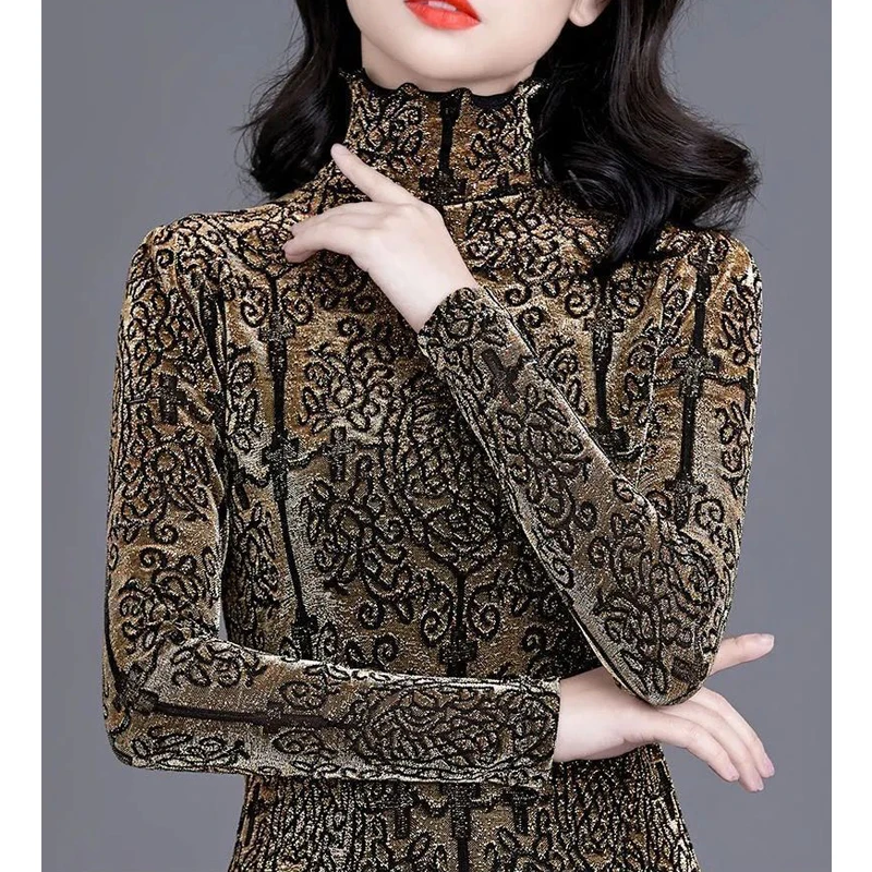 2023 autunno inverno donna Retro Graphic peluche spessa Basic top moda elegante collo alto manica lunga Slim T Shirt Ropa De Mujer