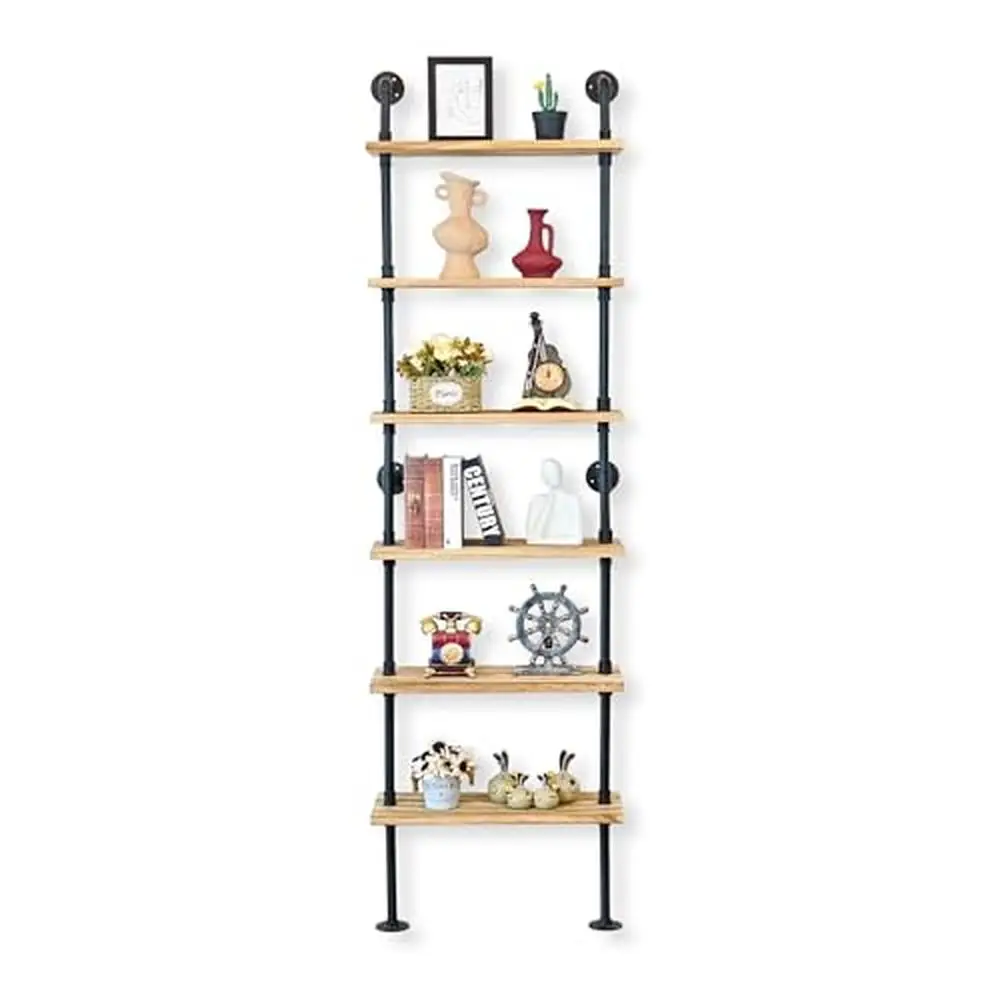 6 Tier Industrial Pipe Shelving Wall Mounted Ladder Bookshelf Durable Metal & Wood Construction Space-Saving Design Rustic