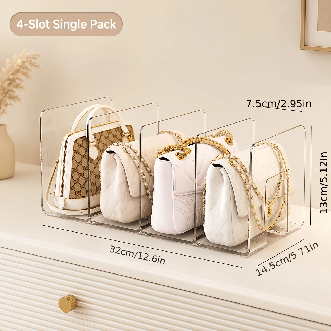1 Pack 4-Slot Clear Acrylic Handbag Organizer Purse Divider Rack for Closet Wardrobe Vanity Cabinet Keeps Bags Upright Easy Acce