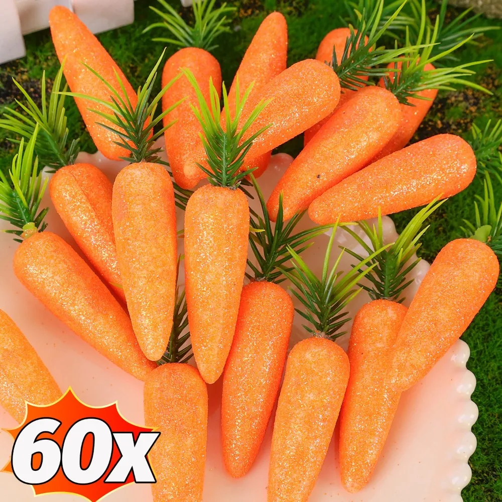 60/6PCS Foam Carrot Pendant Easter Glitter Carrots Decoration Simulation Mini Carrot Ornament Easter Home Decoration Kids Gift