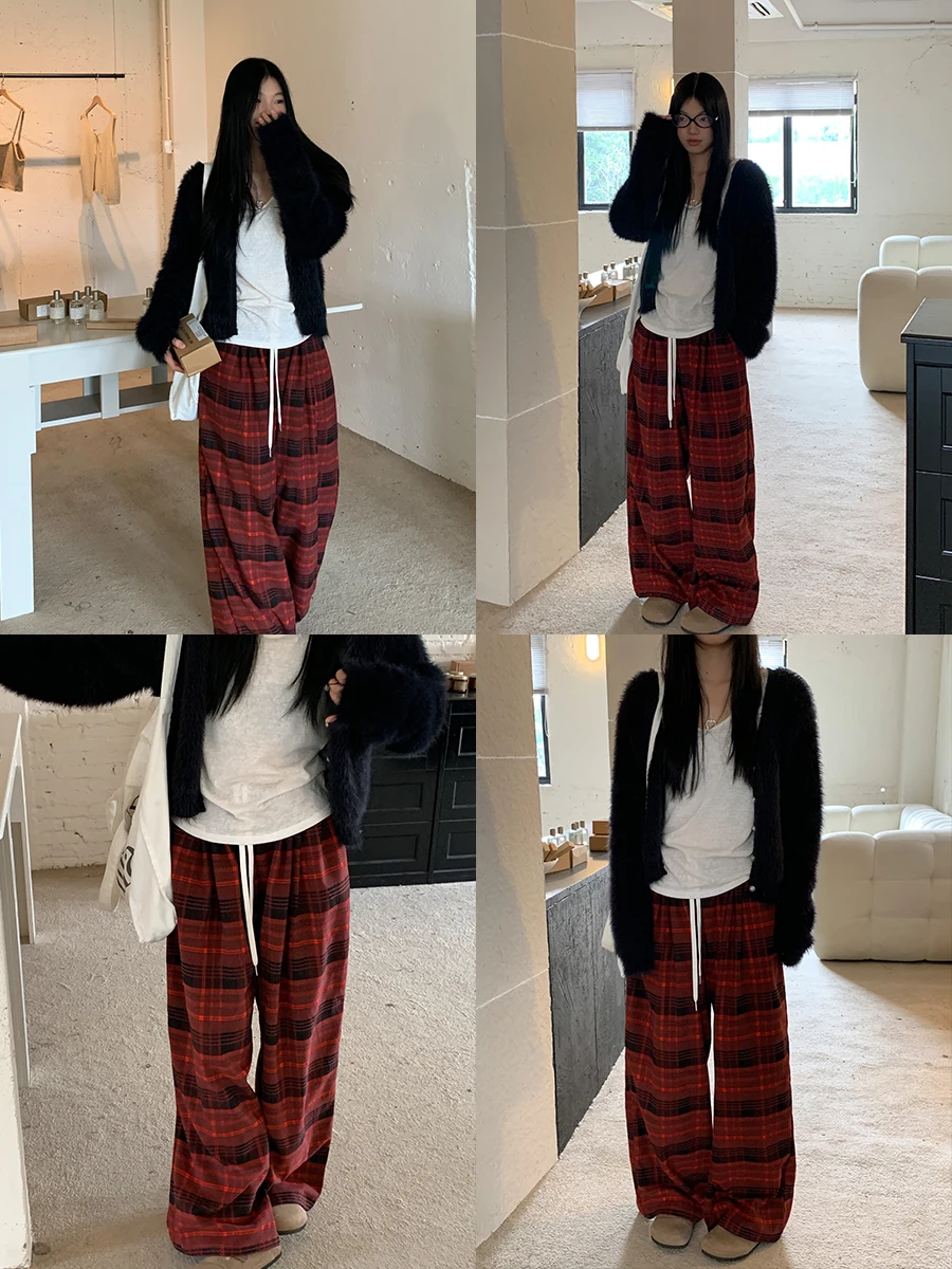 بنطلون نسائي واسع الساق بخصر مرتفع، موديل جديد للخريف والشتاء، فضفاض ومستقيم، بنطلون كاجوال مبطن بالصوف، بنطلون مربعات أحمر