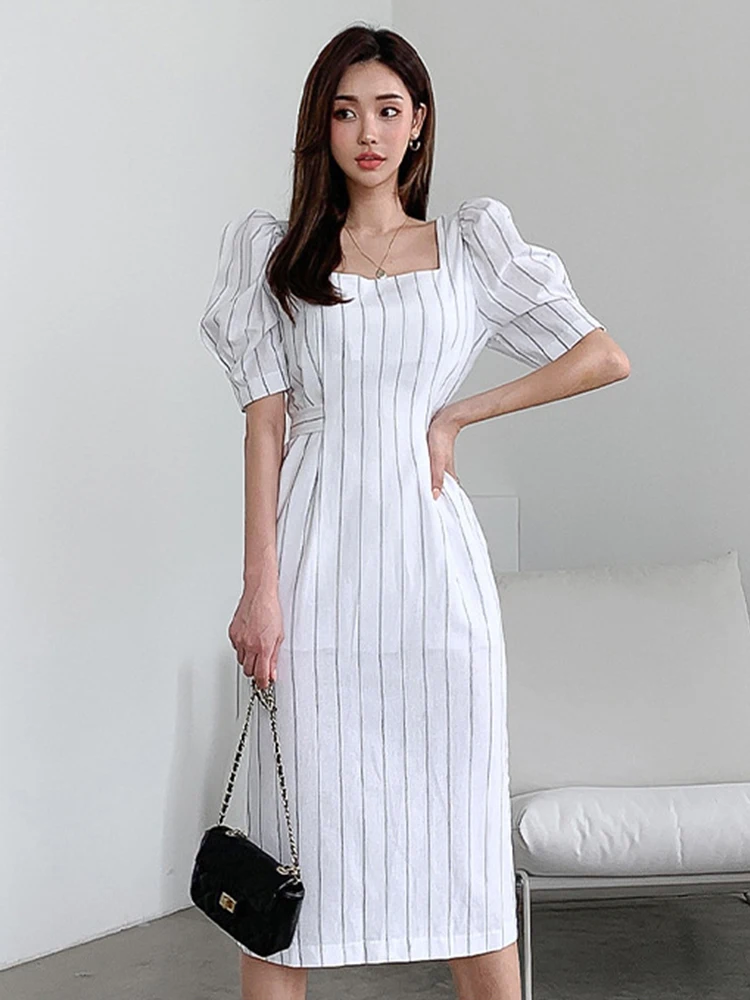 

Summer Elegant Midi Dress Woman Sweet Simple Cute White Bubble Sleeve Slit Bandage Robe Ladies Work Style Party Vestidos Street