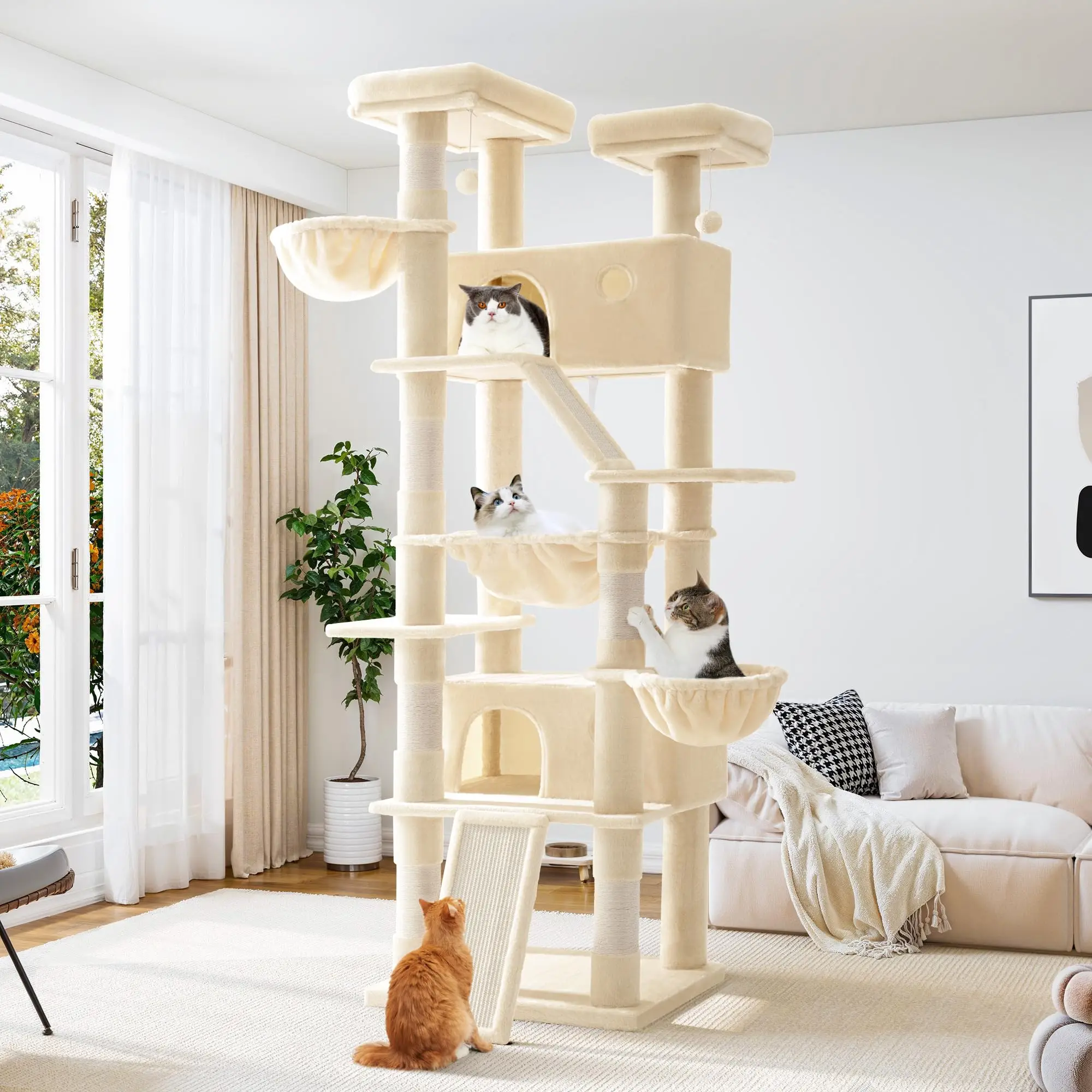 81 Inches Tall Cat Tree/Multi-Level Large Climbing Tree House and Towers for Big Feline/Condo and Hammock/Scratching