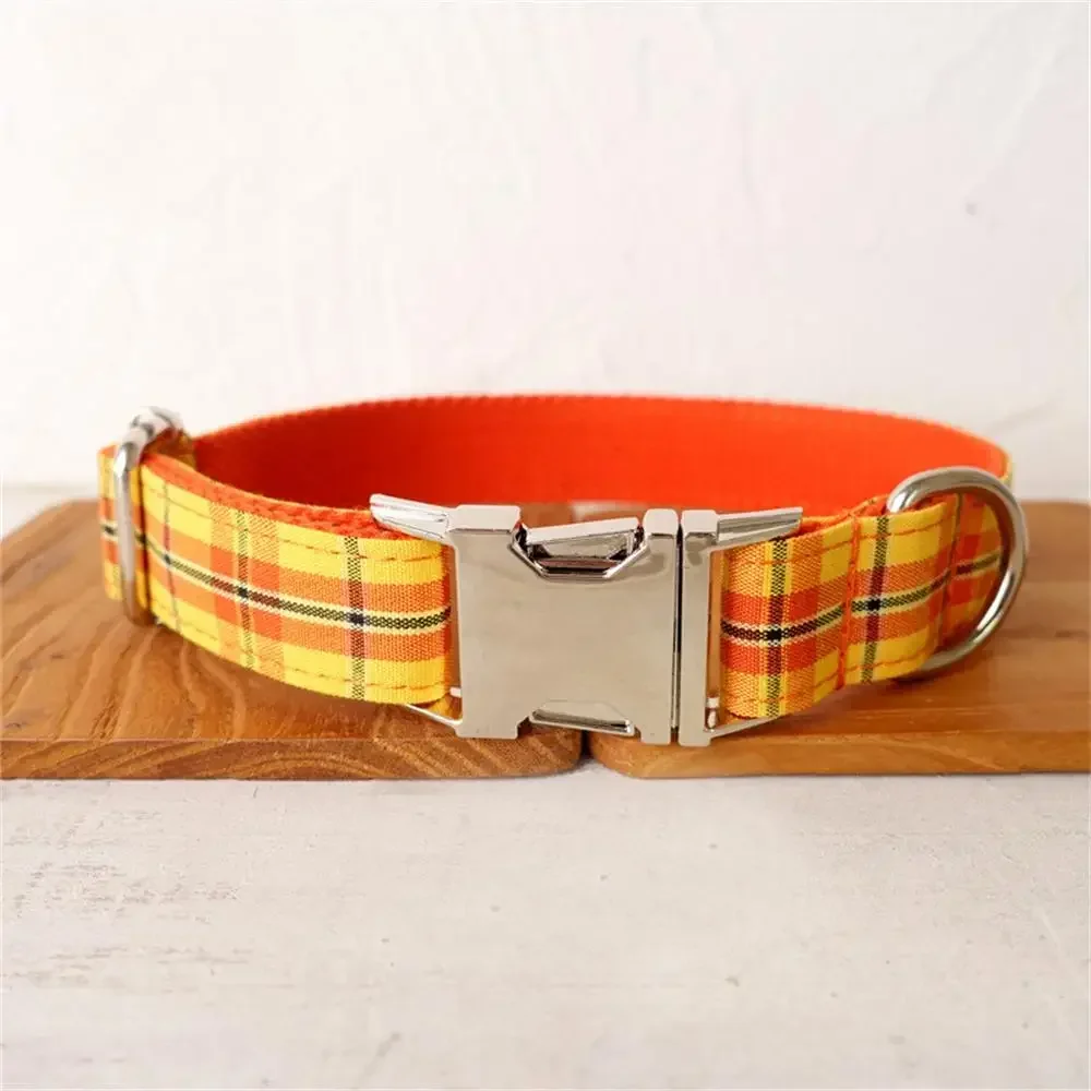 Personalized Dog Collar with Free Engraving, Matching Pet Leash,Customzied Contacts Buckle, Cheese Plaid Pet Collar