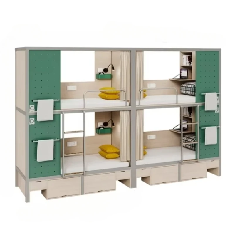 Literas, personal de hostel juvenil, apartamentos para estudiantes, camas de dormitorio, láminas de metal, cubiertos, dos pisos