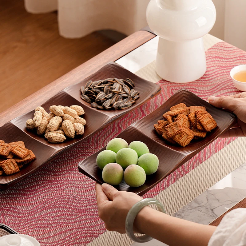 1Pc Nut Snack Tray 2/3/4 Grids Creative Wooden Trays Melon Seeds Dim Sum Fruit Plate Household Tray Tea Dessert Coffee Trays